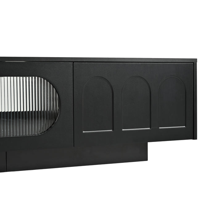 TV Stand with Fluted tempered Glass Doors for TVs Up to 95'',with APP-Controlled LED Light