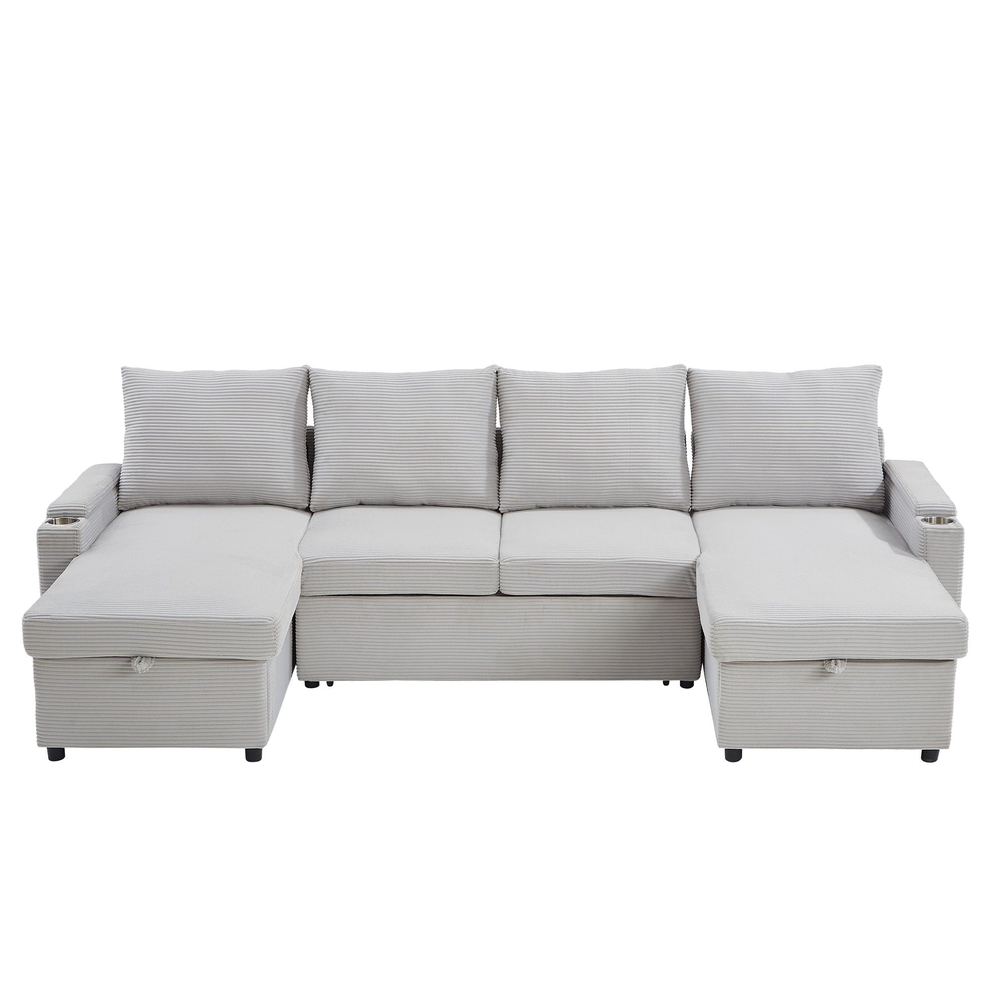 U Shaped Sectional Sofa Bed With Storage Chaise Lounges, USB Ports, And Cup Holders