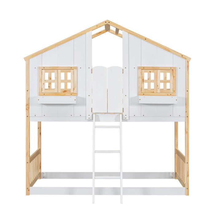 Twin/Twin HBunk Bed with Roof, Window, Window Box, Door, with Safety Guardrails and Ladder White