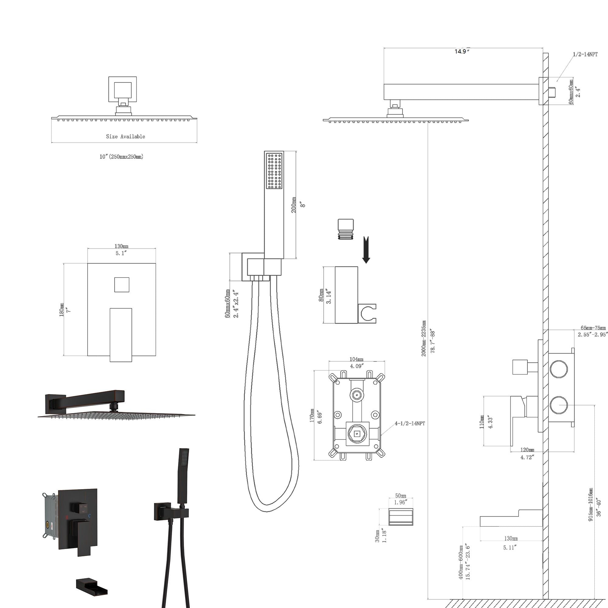 10" Wall Mounted Square Shower System With Rough In Valve