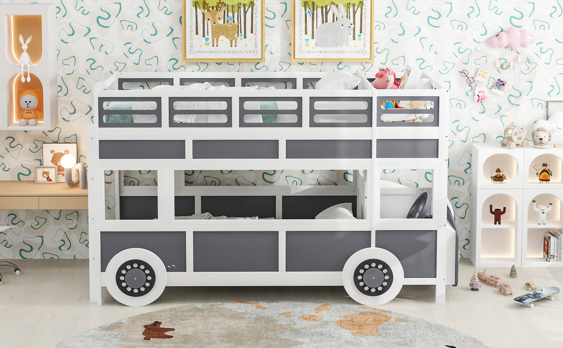 Twin/Twin Bus-shaped Bunk Bed with Wheels and Storage, Gray+White