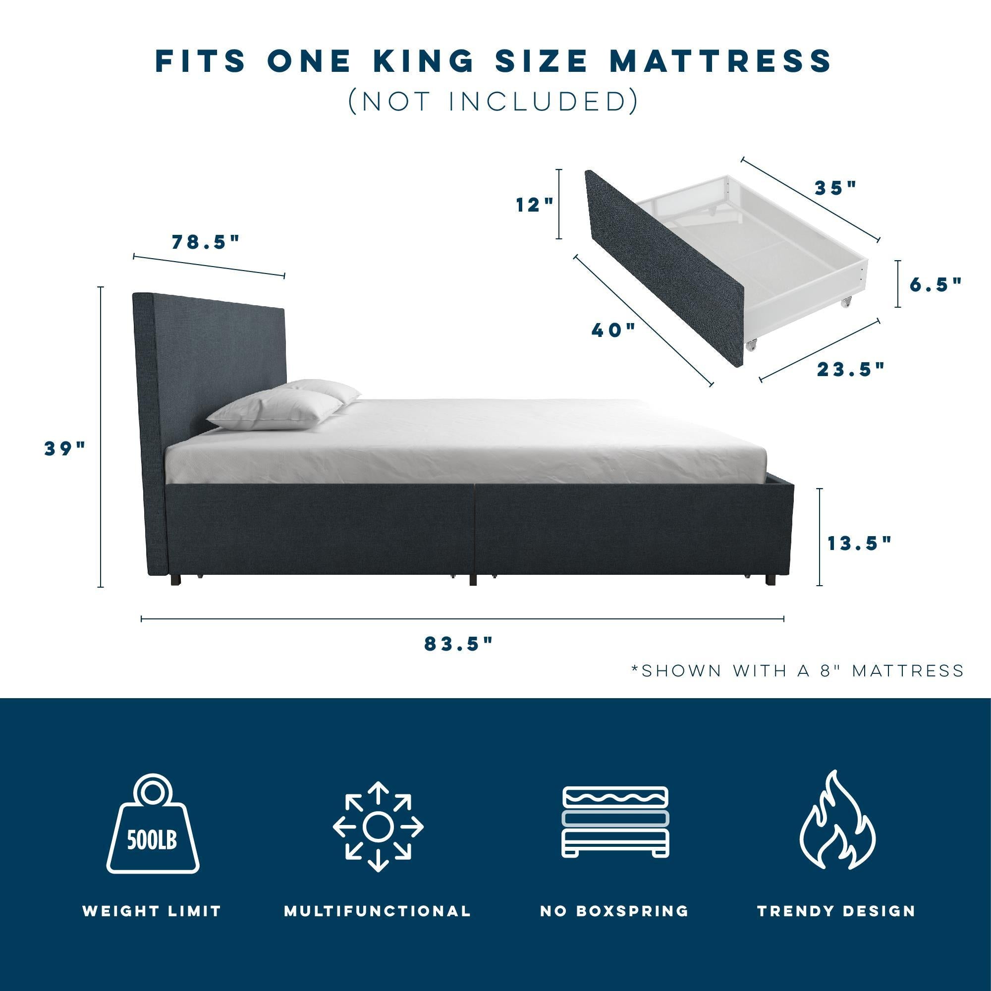 Kelly - King Upholstered Bed With Storage - Navy