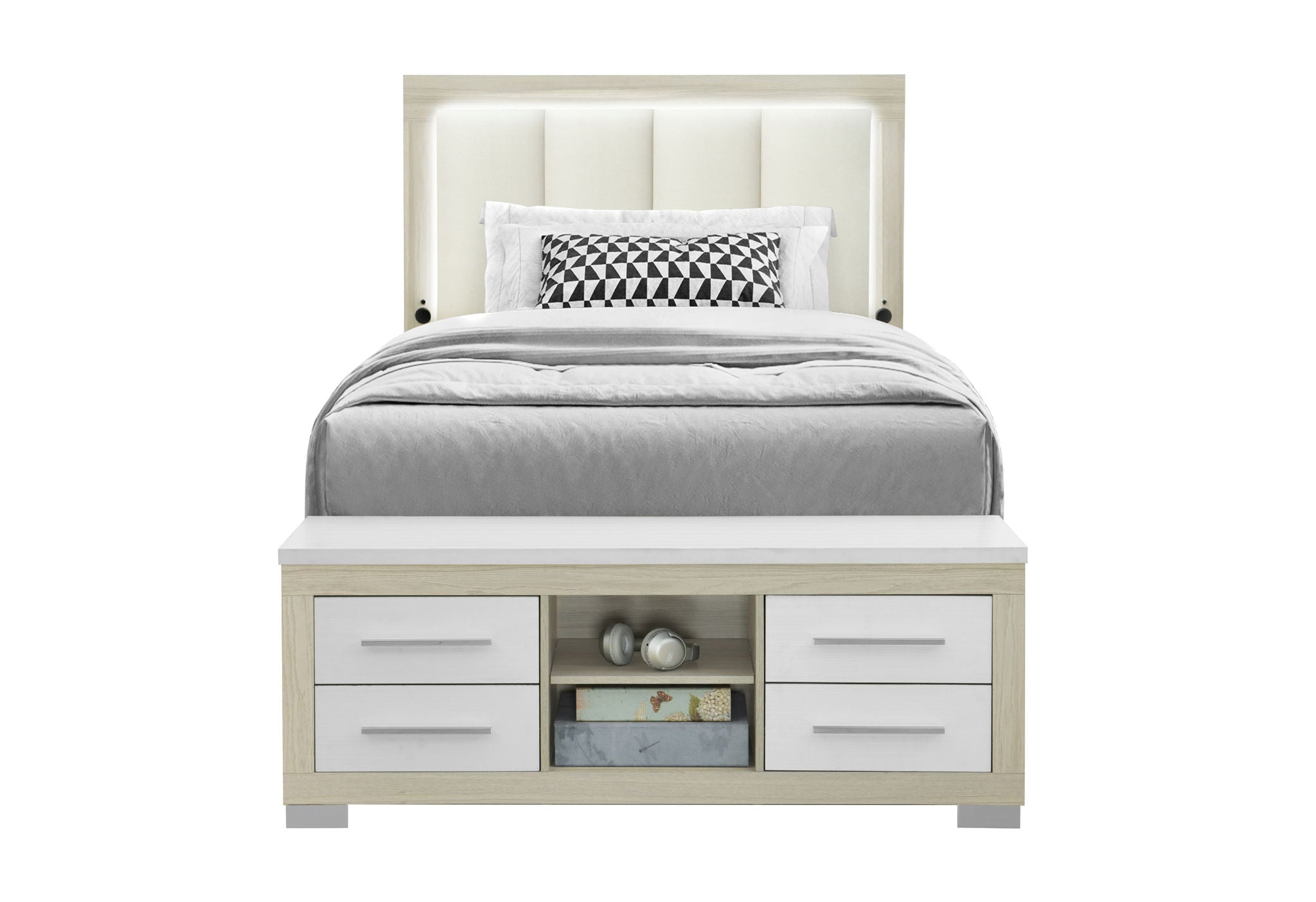 Emma - Full Bed With LED And USB - Light Brown / White