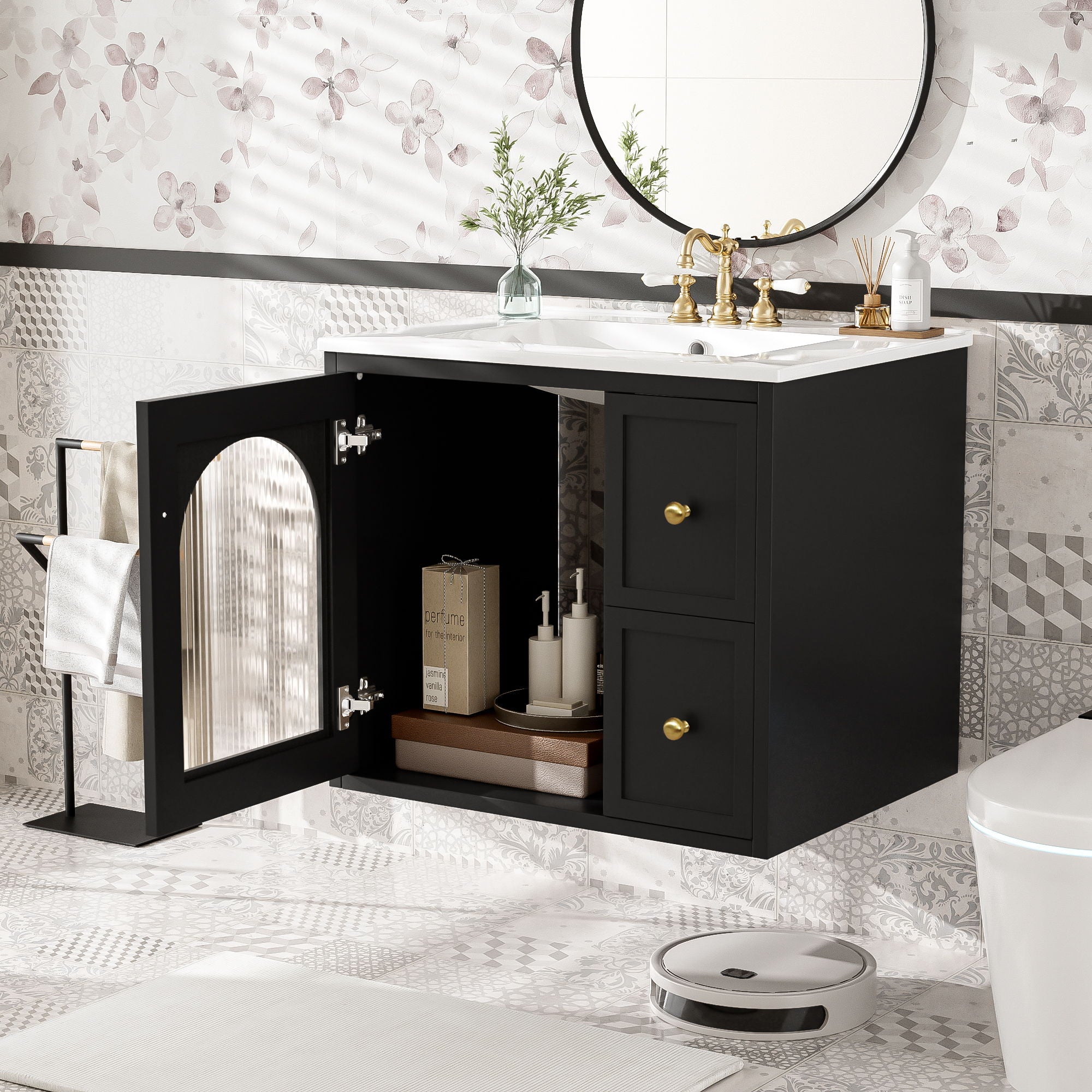Wall-Mounted Bathroom Vanity Set With Sink, 2 Drawers And Soft-Close Door