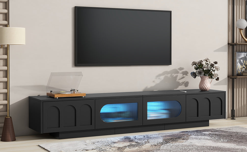 TV Stand with Fluted tempered Glass Doors for TVs Up to 95'',with APP-Controlled LED Light