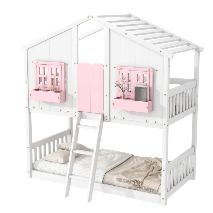 Twin/Twin HBunk Bed with Roof, Window, Window Box, Door, with Safety Guardrails and Ladder White