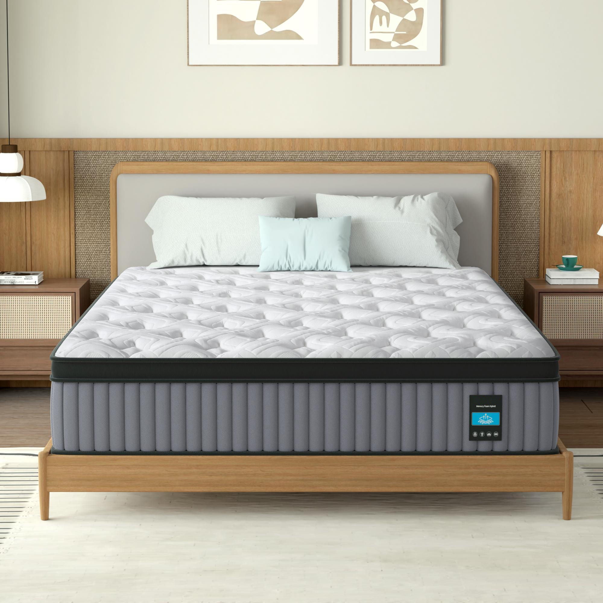 14" King Hybrid Mattress, Memory Foam & Pocket Spring Bed, Cooling, Pressure Relief, Back & Hip Support - Gray / White