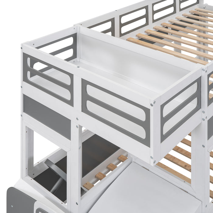 Twin/Twin Bus-shaped Bunk Bed with Wheels and Storage, Gray+White