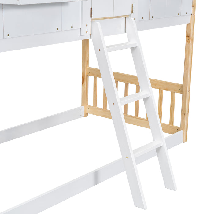 Twin/Twin HBunk Bed with Roof, Window, Window Box, Door, with Safety Guardrails and Ladder White