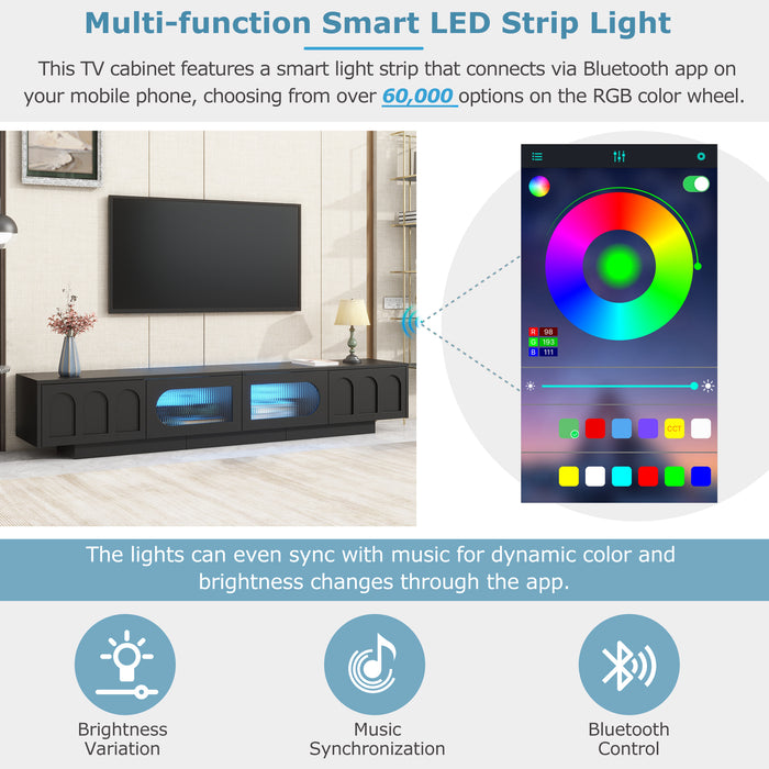 TV Stand with Fluted tempered Glass Doors for TVs Up to 95'',with APP-Controlled LED Light