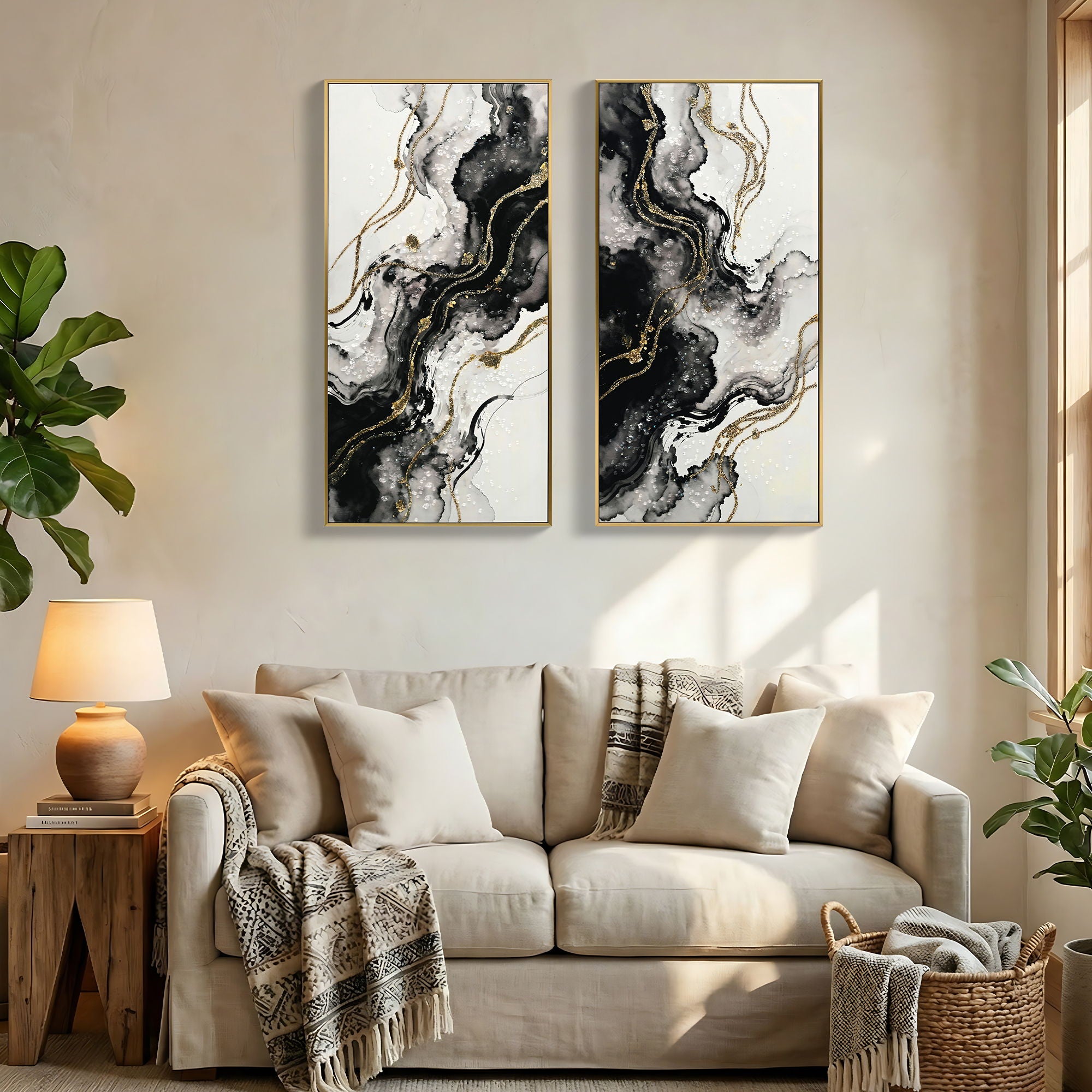 Large Framed And Abstract Wall Art, Minimalist Canvas Prints (Set of 2) - White / Black