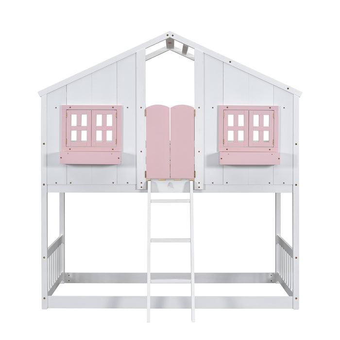 Twin/Twin HBunk Bed with Roof, Window, Window Box, Door, with Safety Guardrails and Ladder White