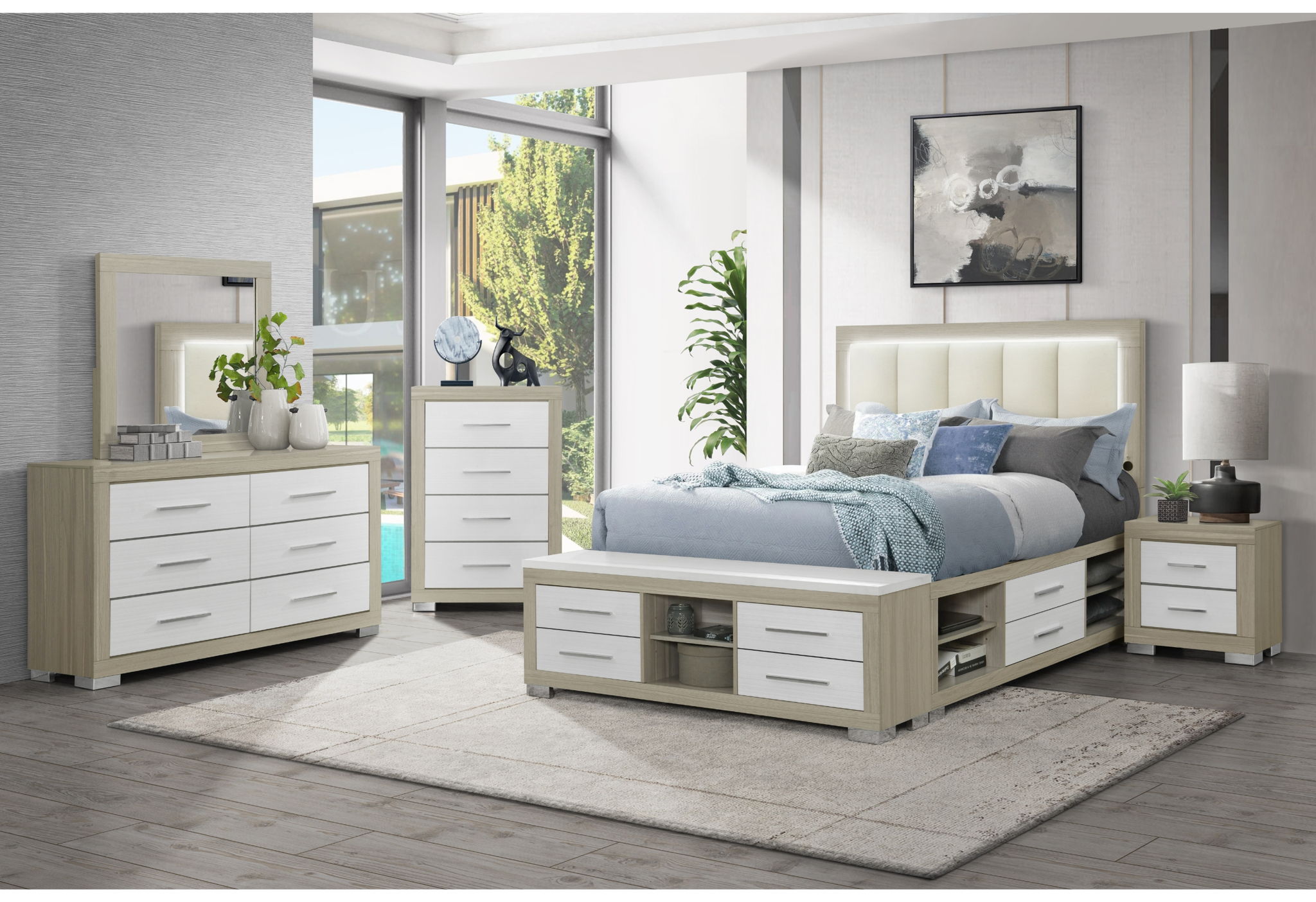 Emma - 5 Piece Full Bedroom Set - Light Brown / White