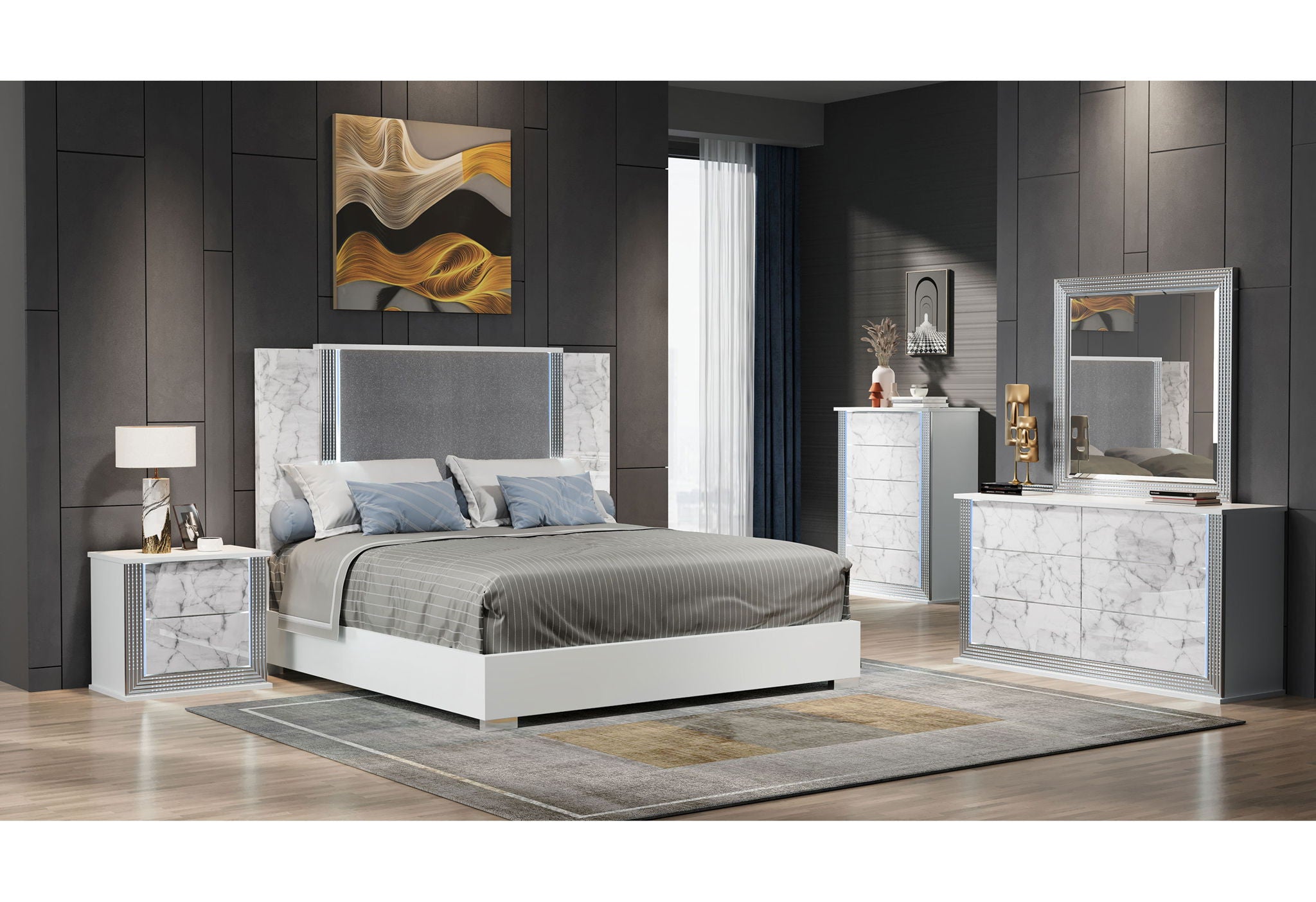 Ylime - 5 Piece King Bedroom Set (Bed, Dresser, Mirror, Chest, Nightstand) - White Marble