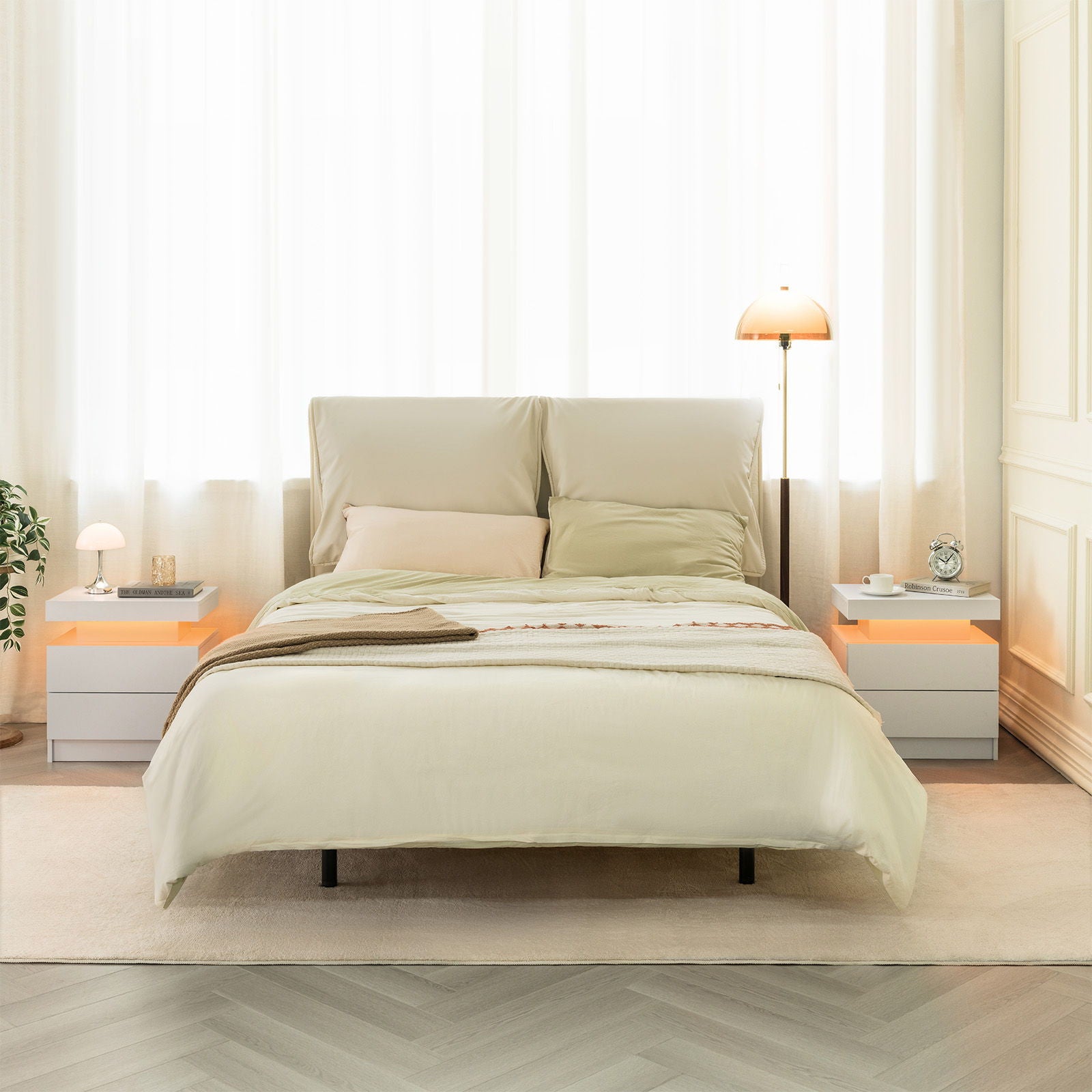 Modern LED Bedside Table Cabinet With Adjustable Lights And 2 Drawers - White