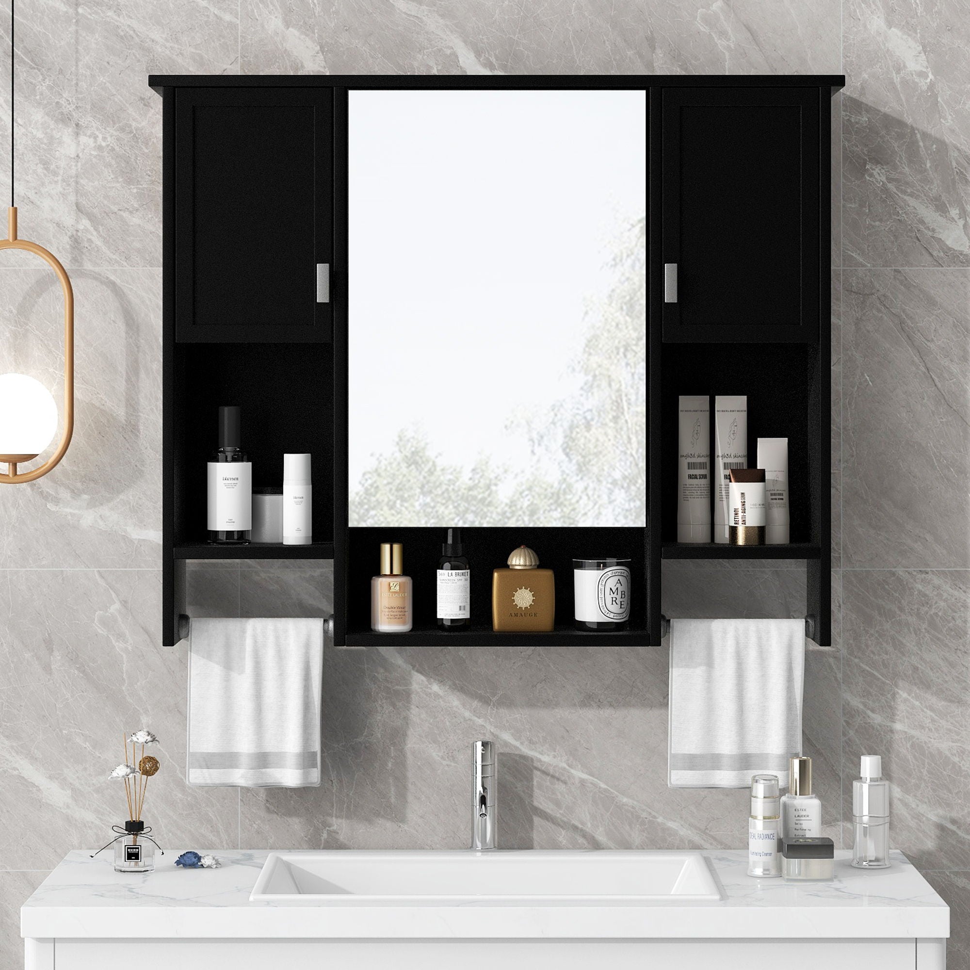 Wall Mounted Bathroom Storage Cabinet With Mirror, Medicine Cabinet With Towel Bar