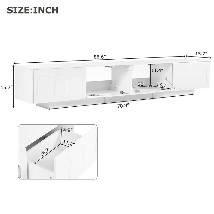 TV Stand with Fluted tempered Glass Doors for TVs Up to 95'',with APP-Controlled LED Light