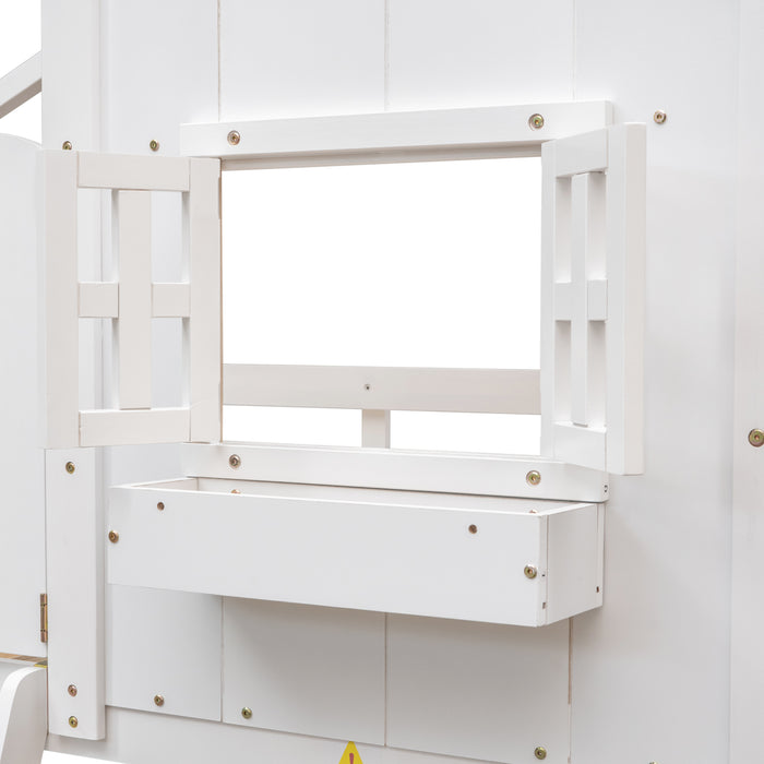 Twin/Twin HBunk Bed with Roof, Window, Window Box, Door, with Safety Guardrails and Ladder White