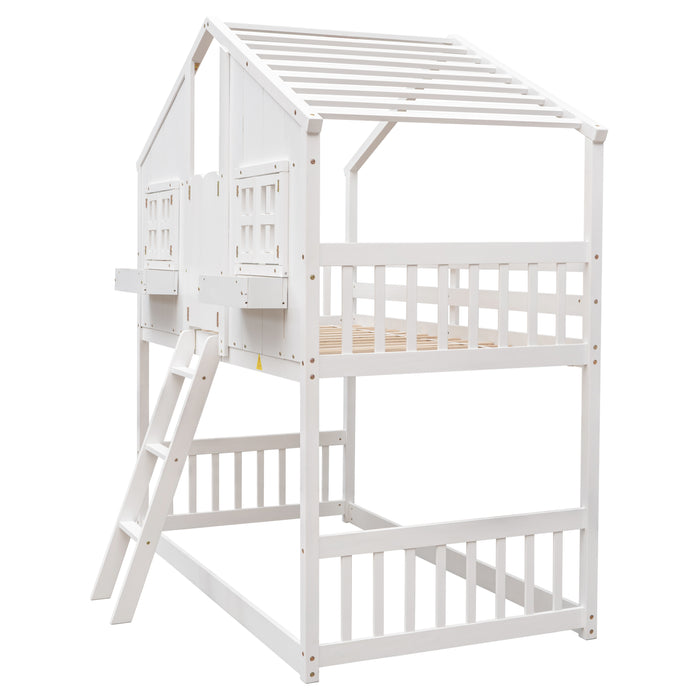 Twin/Twin HBunk Bed with Roof, Window, Window Box, Door, with Safety Guardrails and Ladder White