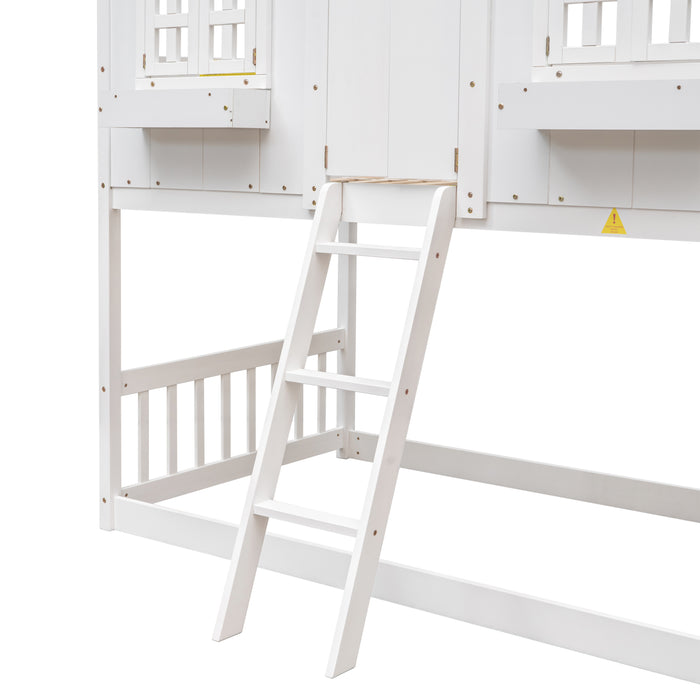 Twin/Twin HBunk Bed with Roof, Window, Window Box, Door, with Safety Guardrails and Ladder White