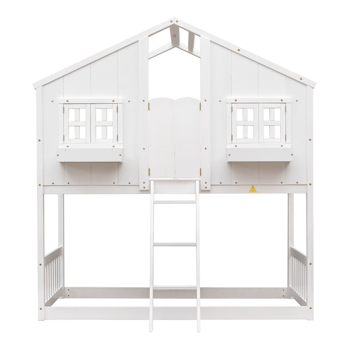 Twin/Twin HBunk Bed with Roof, Window, Window Box, Door, with Safety Guardrails and Ladder White