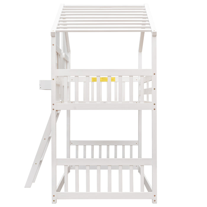 Twin/Twin HBunk Bed with Roof, Window, Window Box, Door, with Safety Guardrails and Ladder White