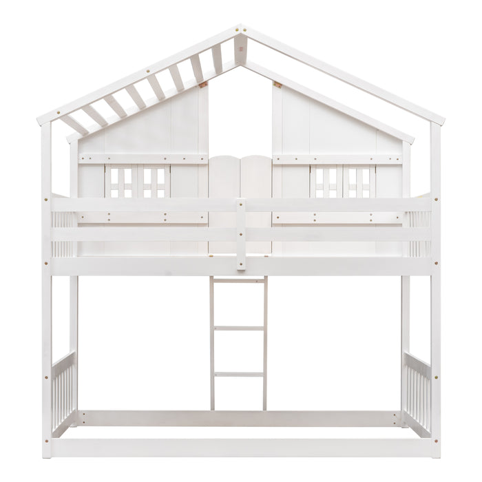 Twin/Twin HBunk Bed with Roof, Window, Window Box, Door, with Safety Guardrails and Ladder White