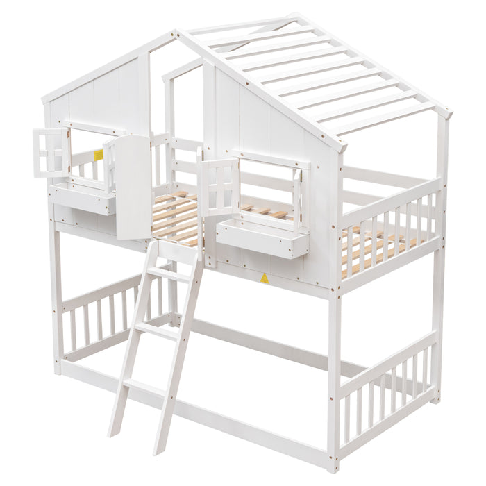 Twin/Twin HBunk Bed with Roof, Window, Window Box, Door, with Safety Guardrails and Ladder White