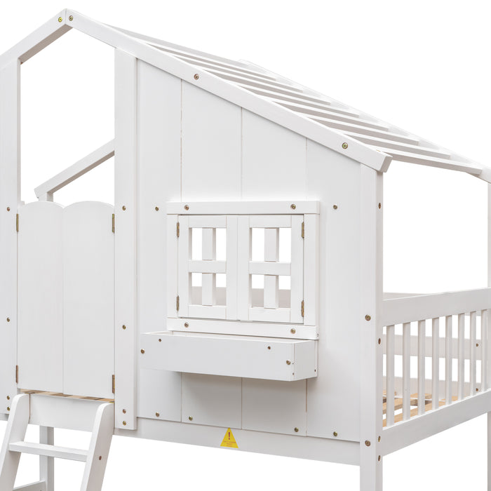 Twin/Twin HBunk Bed with Roof, Window, Window Box, Door, with Safety Guardrails and Ladder White