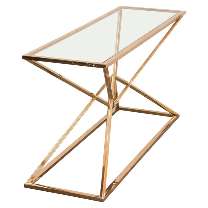 Aria Rectangle Stainless Steel Console Table w/ Polished Gold Finish Base & Clear, Tempered Glass Top by Diamond Sofa