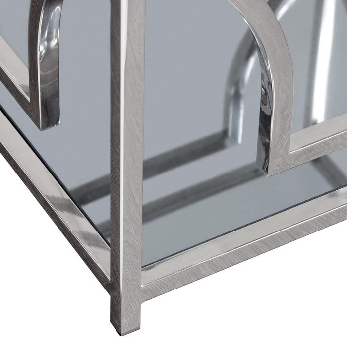 Avalon End Table with Clear Glass Top, Mirrored Shelf & Stainless Steel Frame by Diamond Sofa