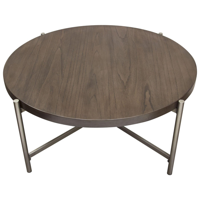 Atwood 40" Round Cocktail Table w/ Grey Oak Veneer Top & Brushed Silver Metal Base by Diamond Sofa