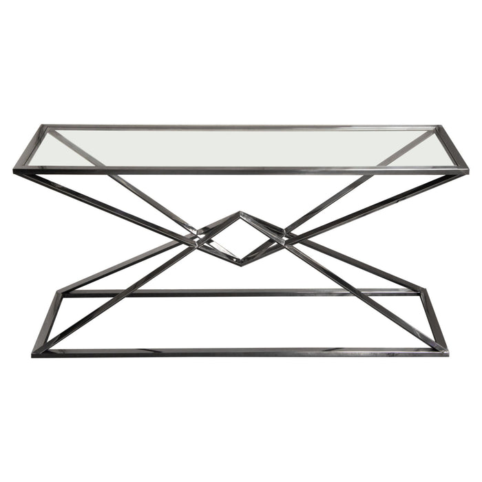 Aria Rectangle Stainless Steel Console Table w/ Polished Black Finish Base & Clear, Tempered Glass Top by Diamond Sofa