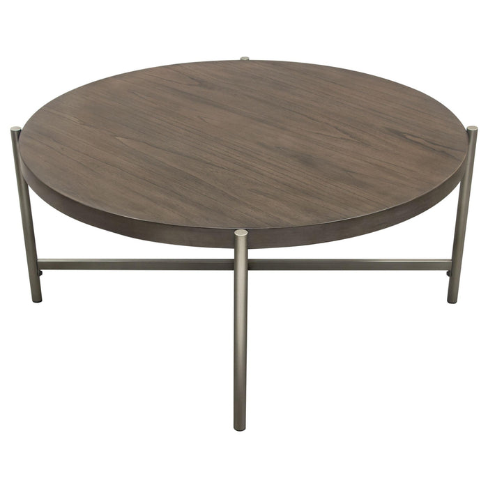 Atwood 40" Round Cocktail Table w/ Grey Oak Veneer Top & Brushed Silver Metal Base by Diamond Sofa