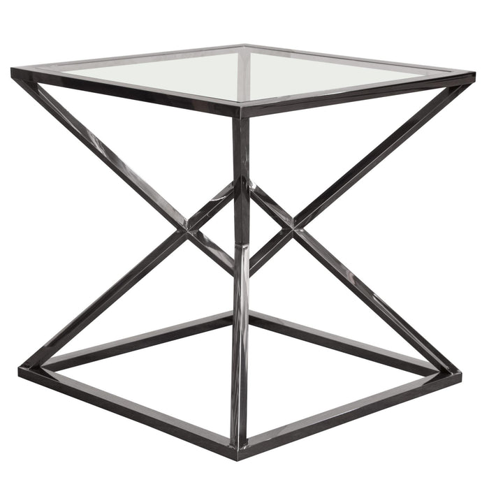 Aria Square Stainless Steel End Table w/ Polished Black Finish Base & Clear, Tempered Glass Top by Diamond Sofa