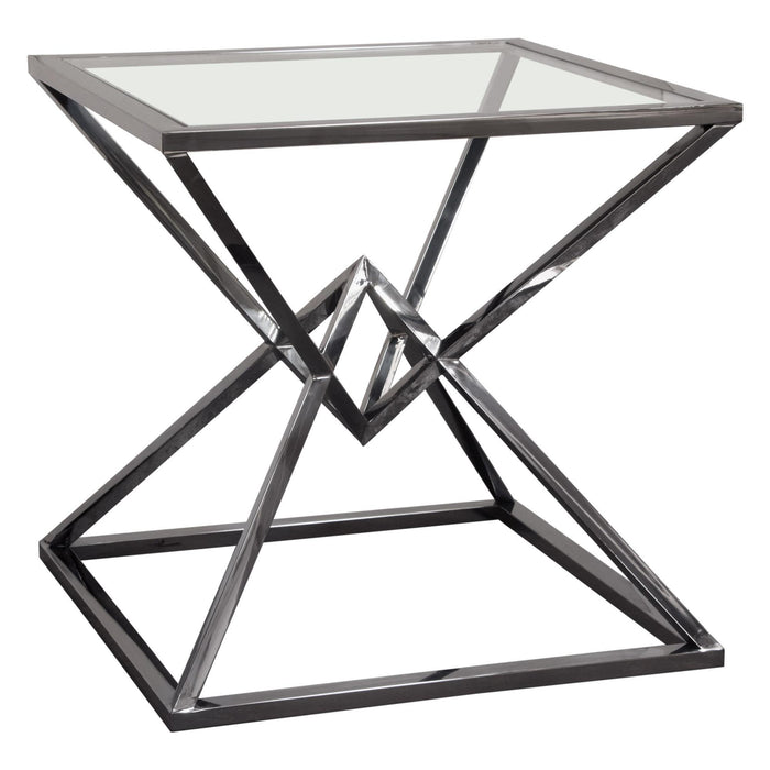 Aria Square Stainless Steel End Table w/ Polished Black Finish Base & Clear, Tempered Glass Top by Diamond Sofa