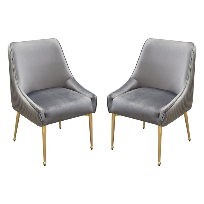 Set of (2) Quinn Dining Chairs w/ Vertical Outside Pleat Detail and Contoured Arm in Grey Velvet w/ Brushed Gold Metal Leg by Diamond Sofa image