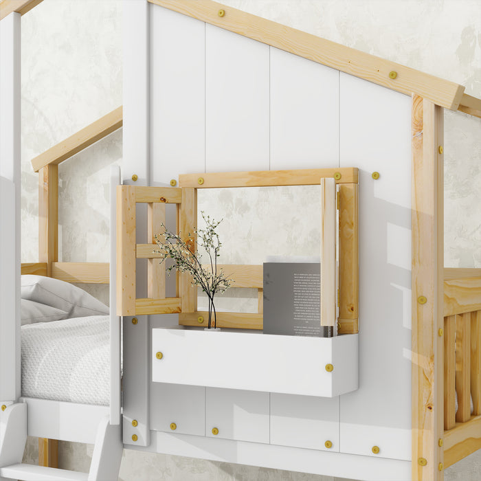 Twin/Twin HBunk Bed with Roof, Window, Window Box, Door, with Safety Guardrails and Ladder White