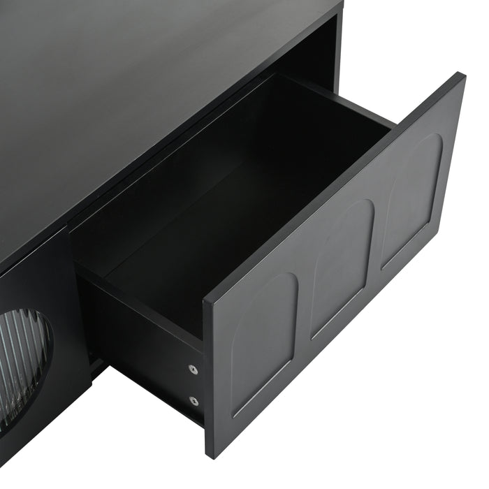 TV Stand with Fluted tempered Glass Doors for TVs Up to 95'',with APP-Controlled LED Light