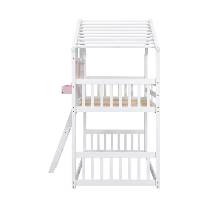 Twin/Twin HBunk Bed with Roof, Window, Window Box, Door, with Safety Guardrails and Ladder White