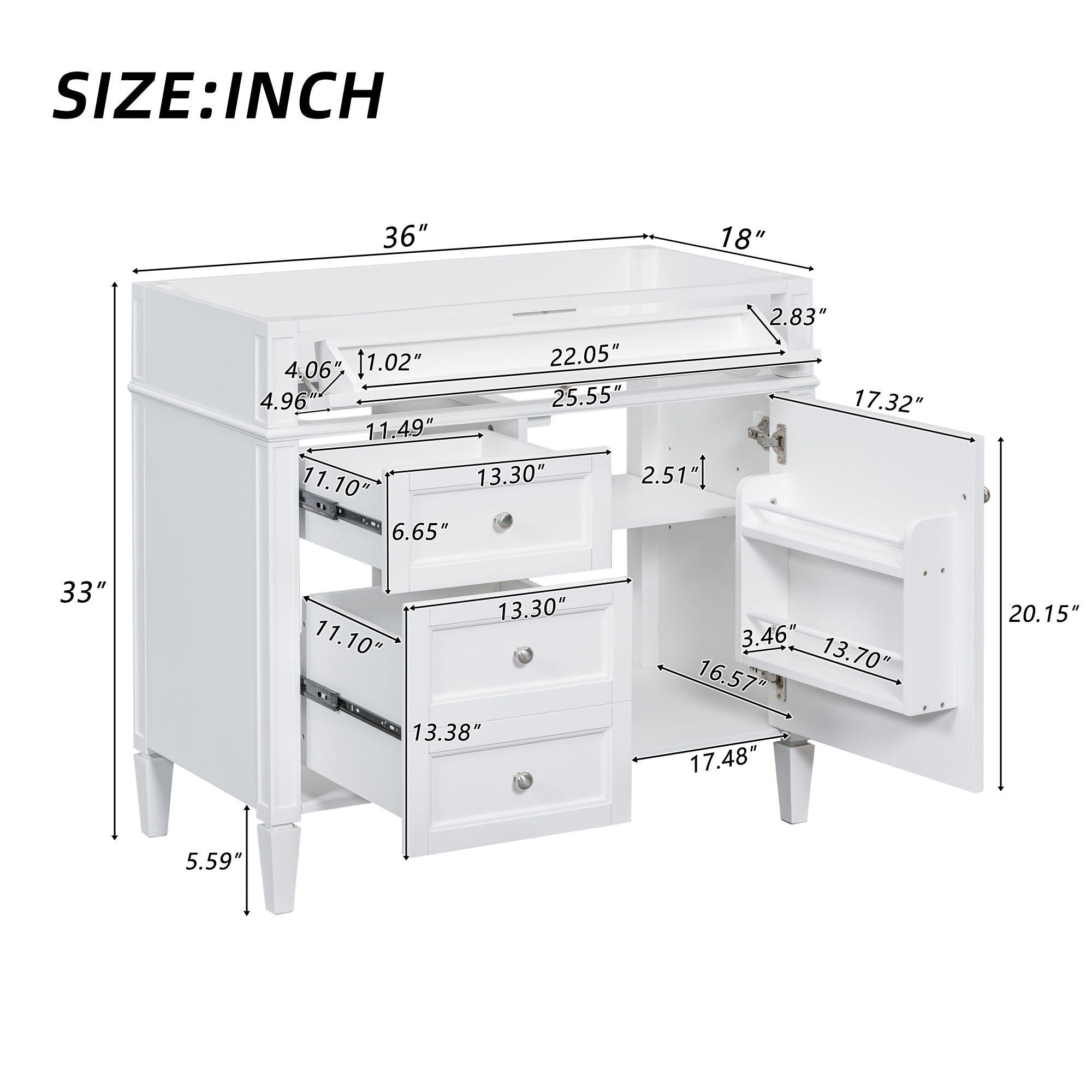 Bathroom Vanity With 2 Drawers And Tip-Out Drawer, Storage Cabinet