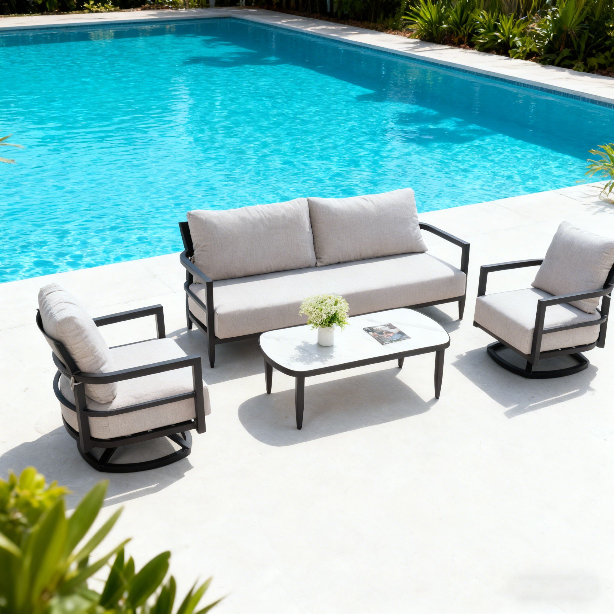Outdoor Conversation Set With Chairs, Bench Sofa, Tables, Sunbrella Cushions