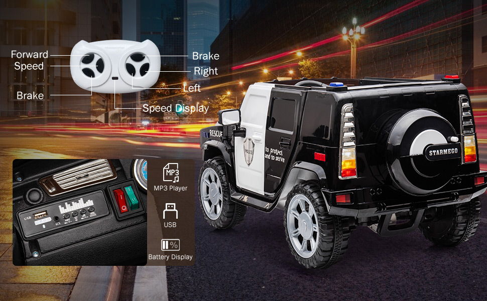 12V7A 30W*2 Four-Wheel Drive Seat One Button Start, Forward And Backward, High And Low Speed, Music, Front Light, Power Display, Two Doors Can Open, 2.4G R / C, Seat Belt Four Wheel Absorber