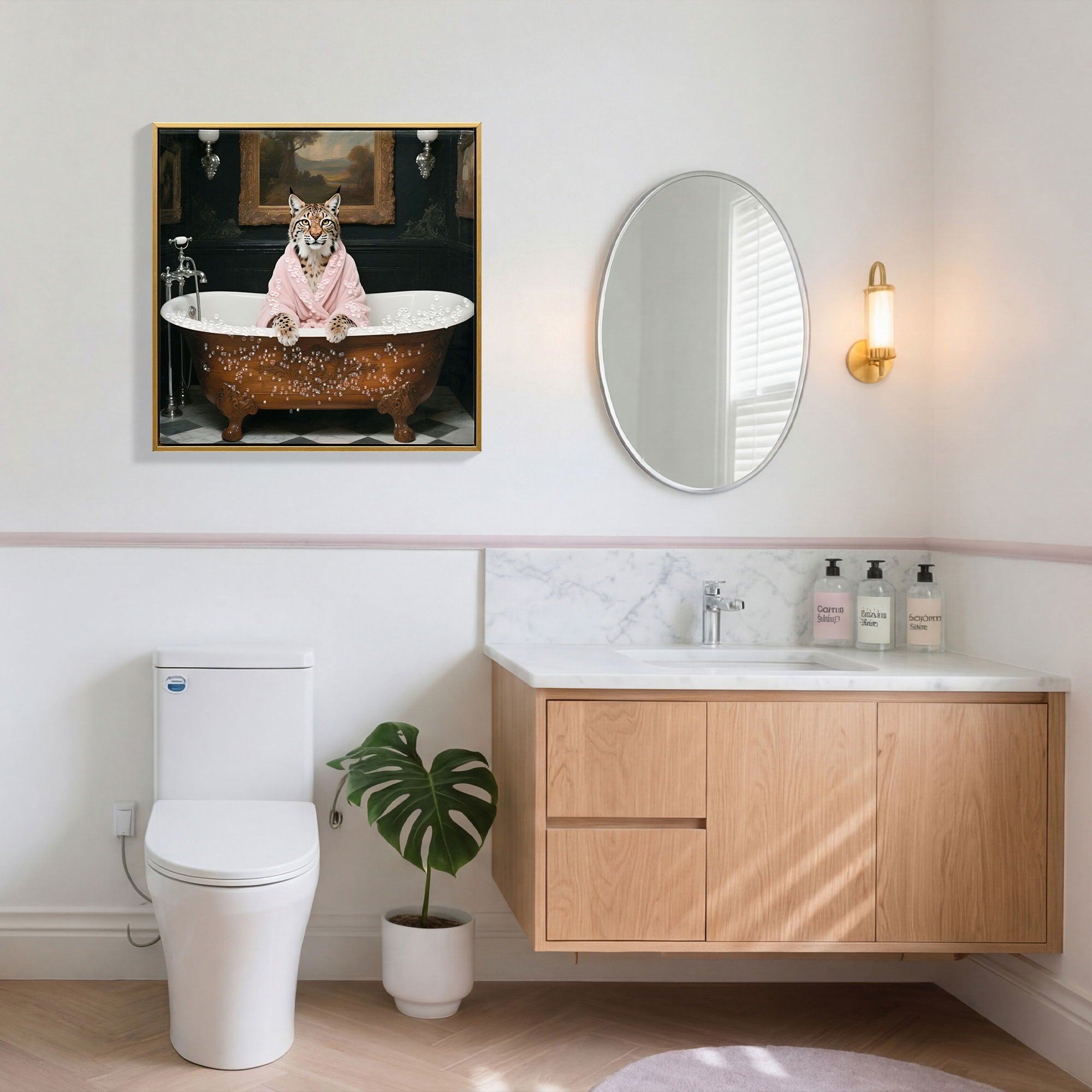 Tiger In Bathtub Wall Art Print Poster, Bathroom Decor Posters Prints For Restroom - Pink / White