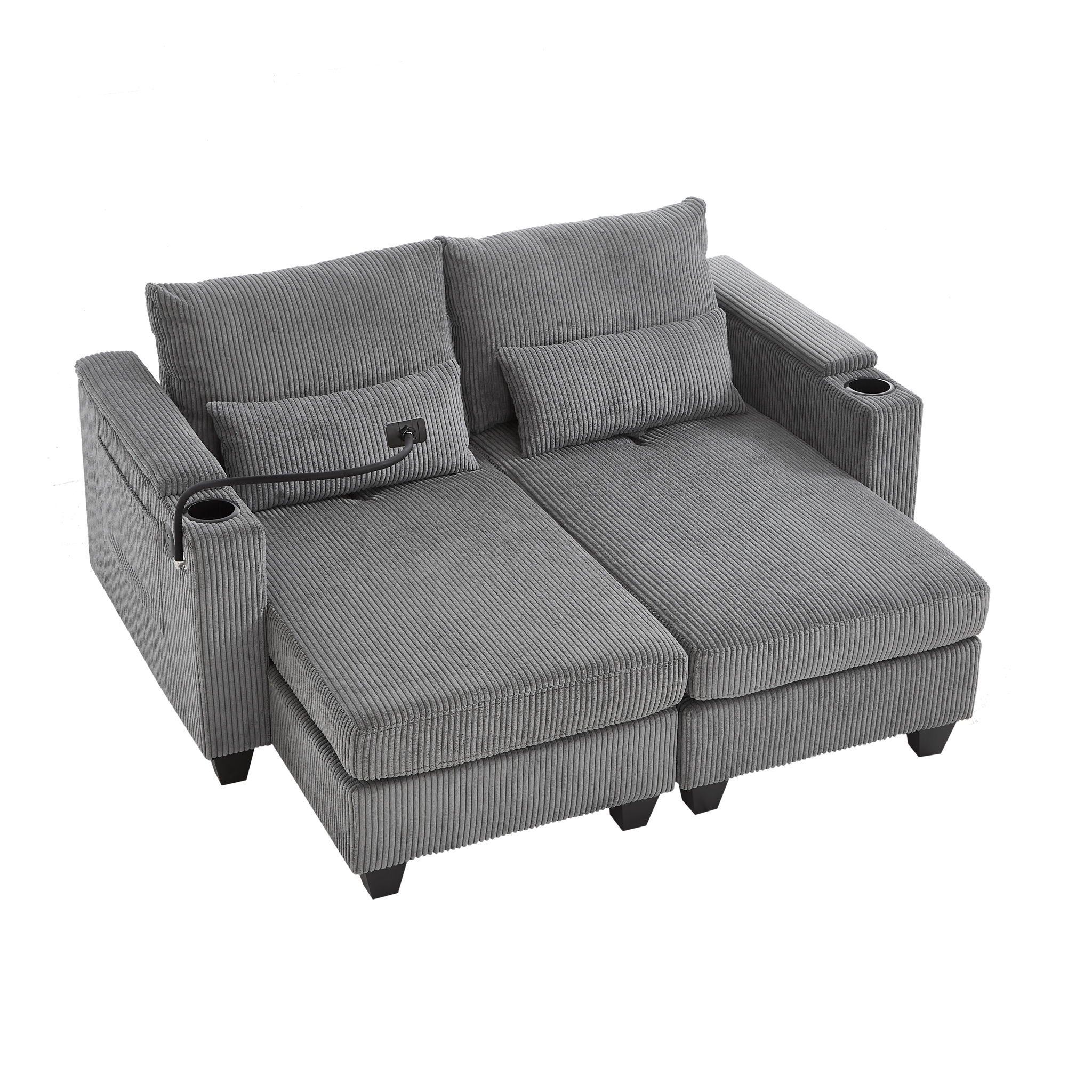 Convertible Chaise Lounge Sofa Chair With USB Ports, Cup Holders, Phone Holder And Storage