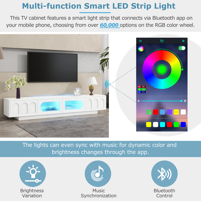 TV Stand with Fluted tempered Glass Doors for TVs Up to 95'',with APP-Controlled LED Light