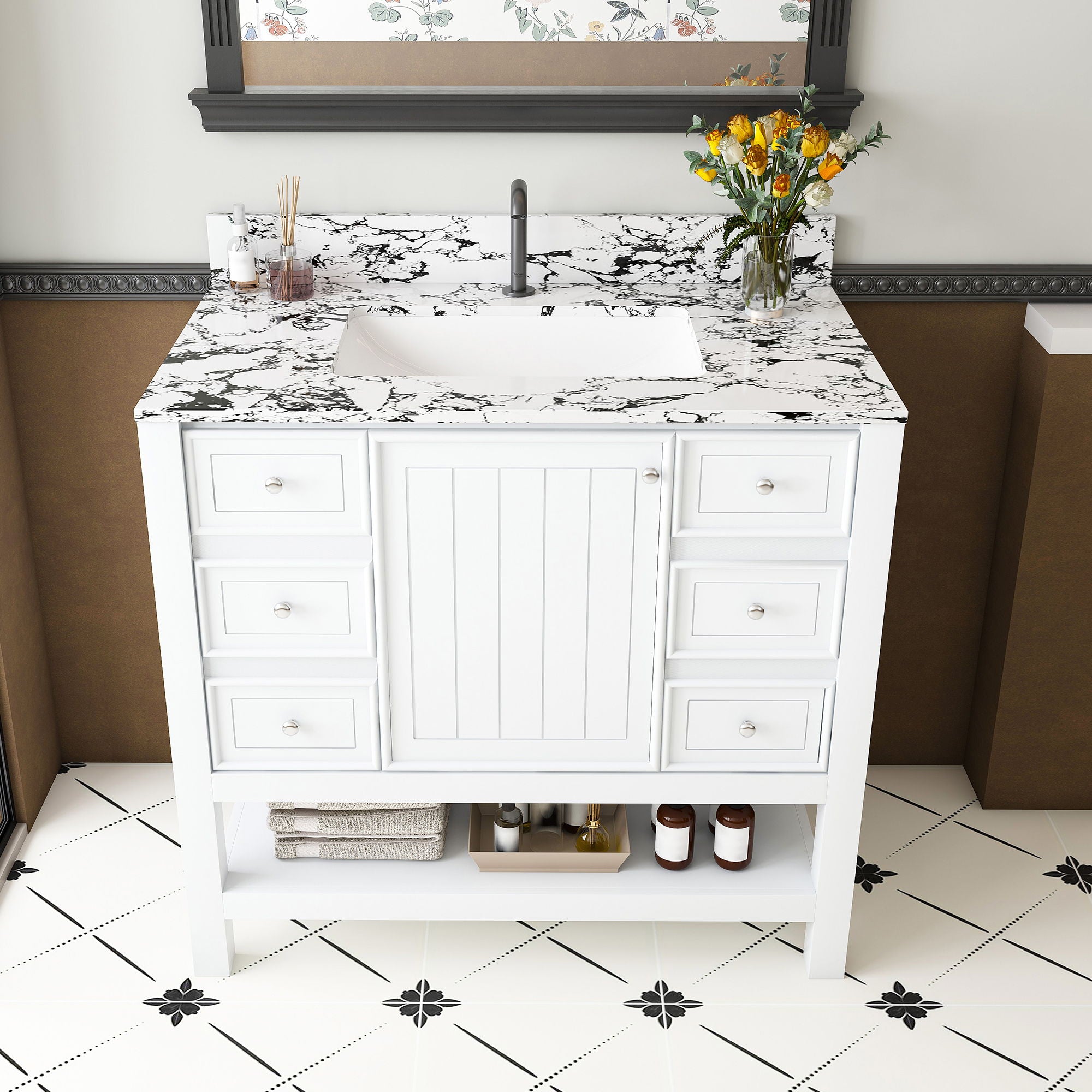 Bathroom Vanity Set With 3 Drawers And Storage Cabinet, Single Faucet Hole - White