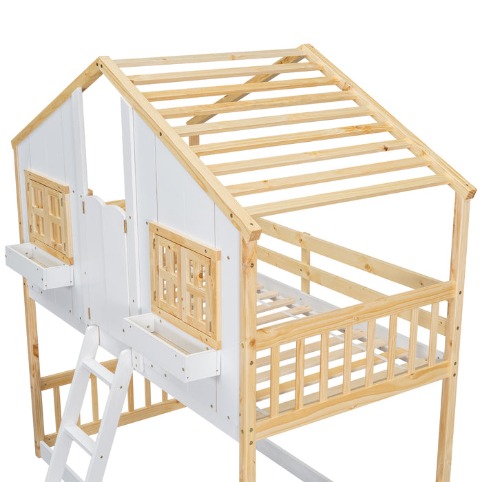 Twin/Twin HBunk Bed with Roof, Window, Window Box, Door, with Safety Guardrails and Ladder White