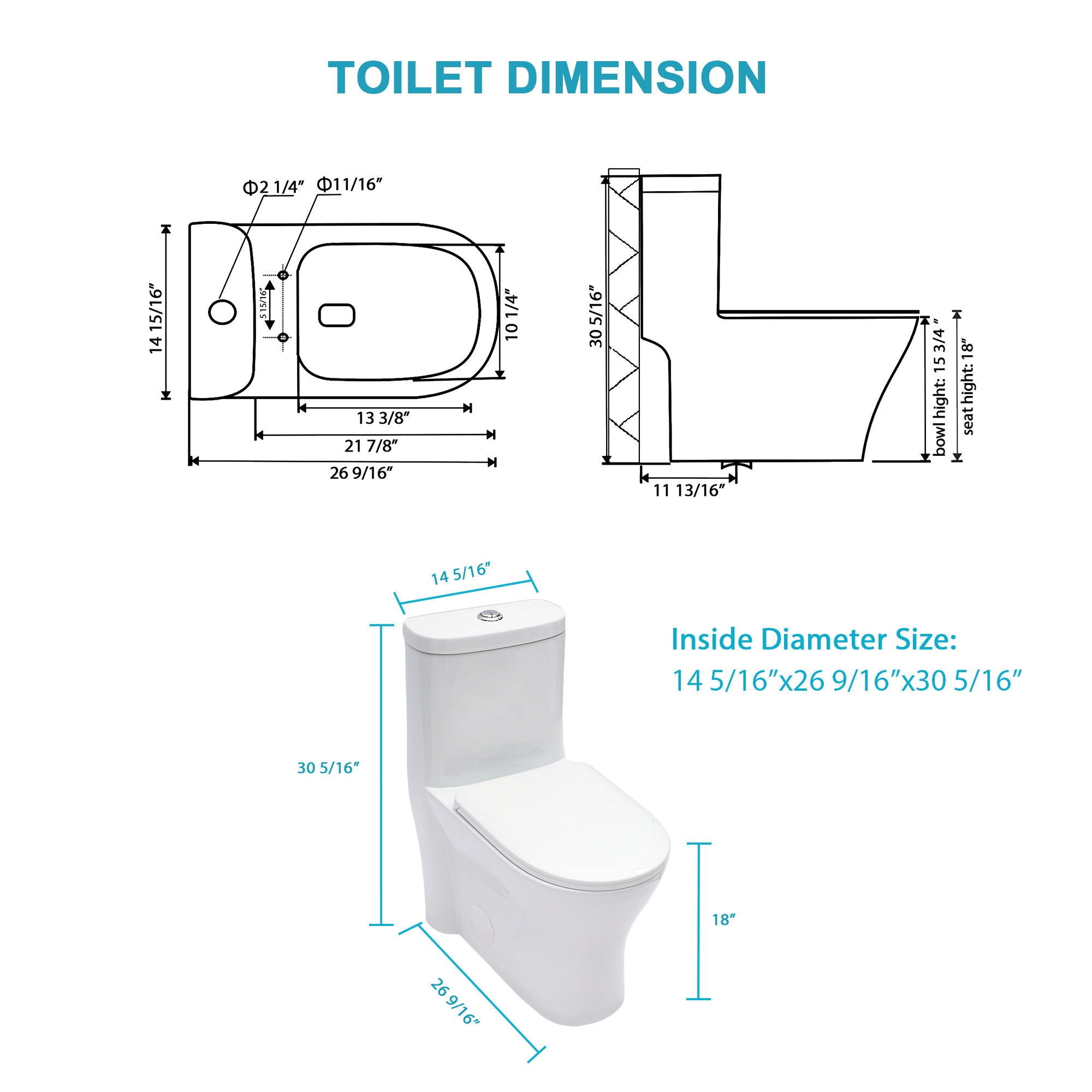 1 Piece Toilet For Bathroom, Dual Flush 1.22/1.6 Gpf, Soft Closing Seat - White