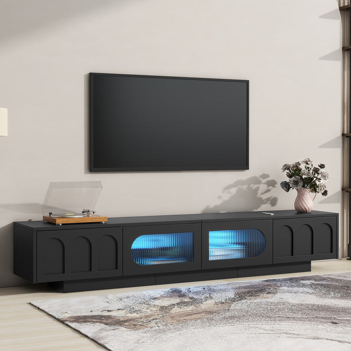 TV Stand with Fluted tempered Glass Doors for TVs Up to 95'',with APP-Controlled LED Light